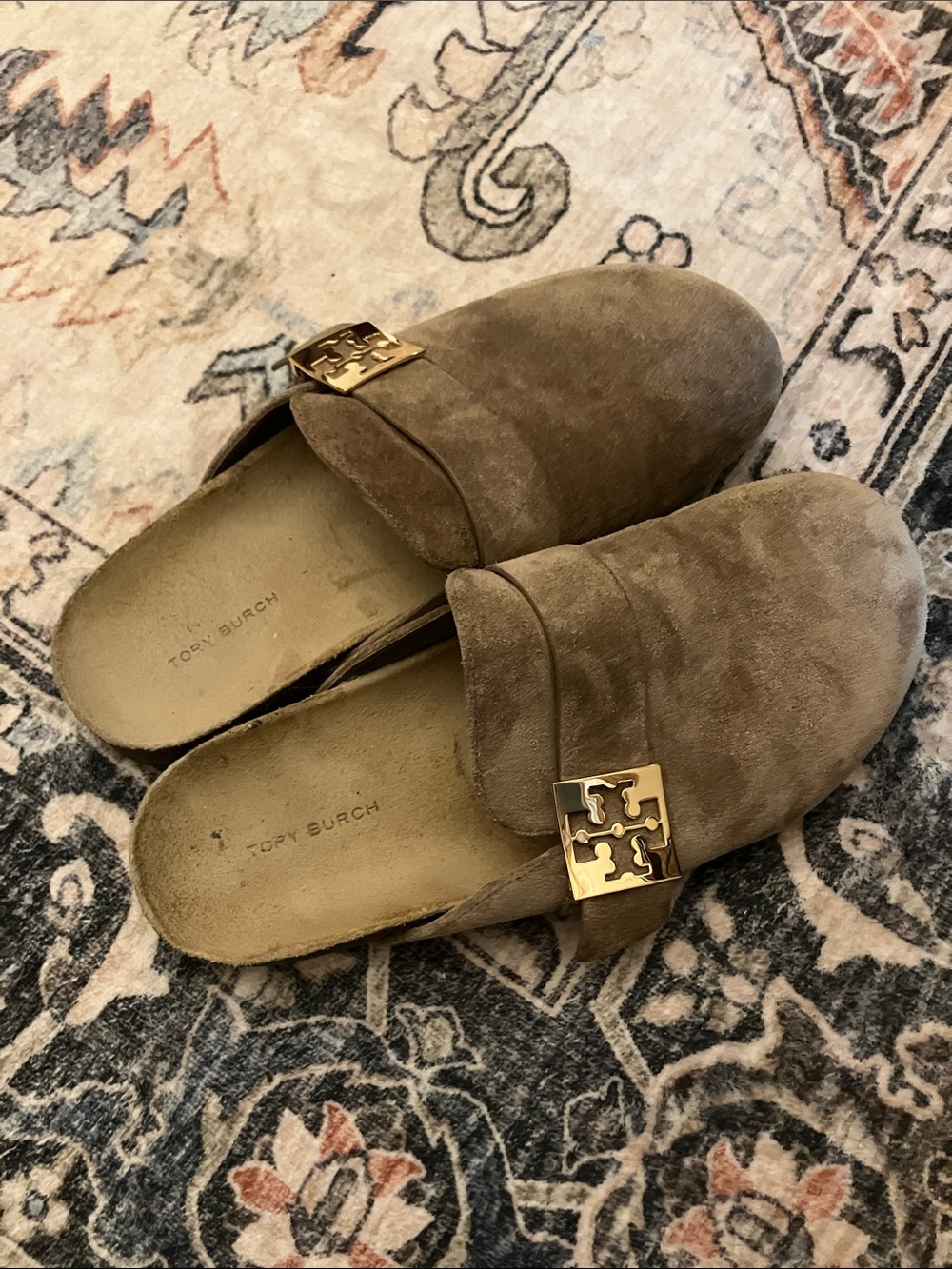 Tory Burch Taupe Suede Slide Mules with Gold Logo Accents